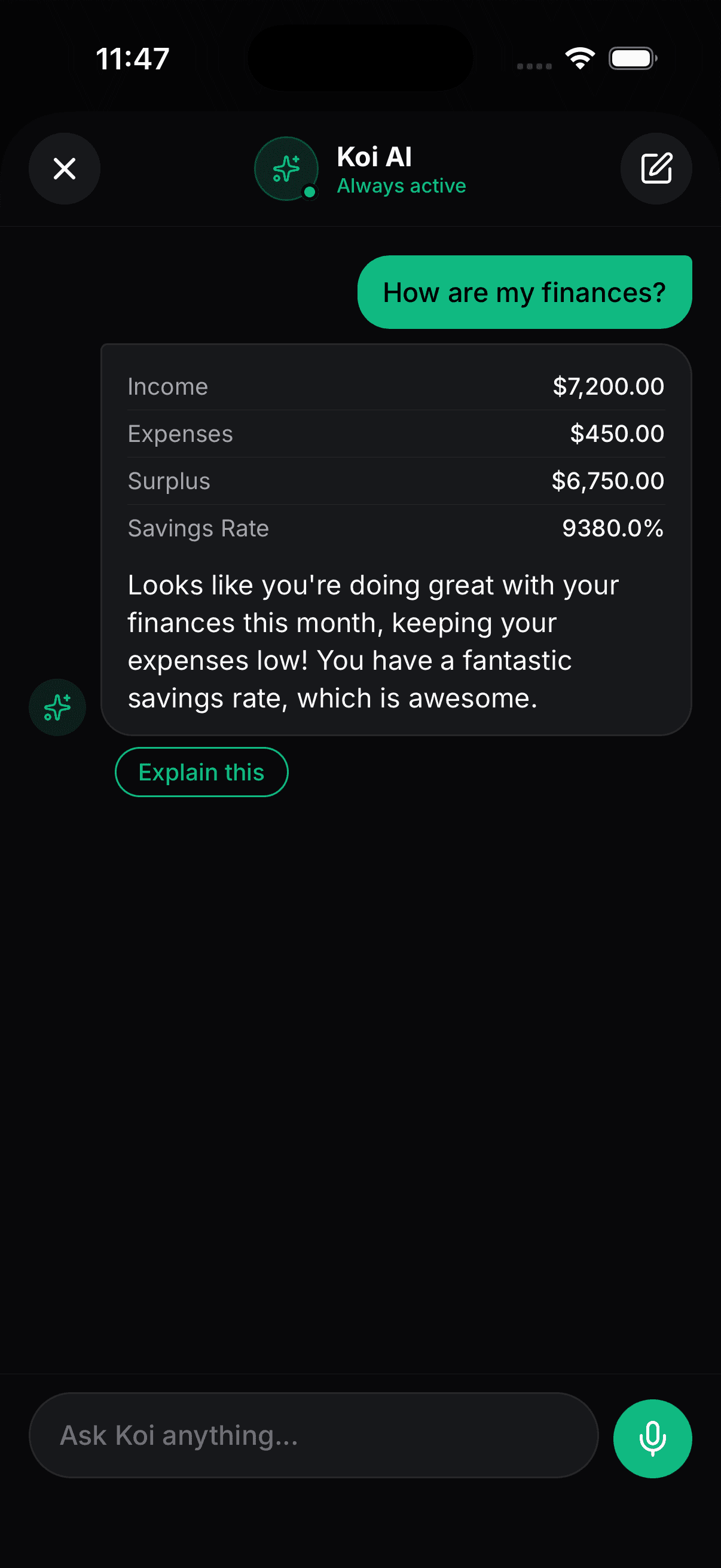 Koinx Koi AI coach responding to queries