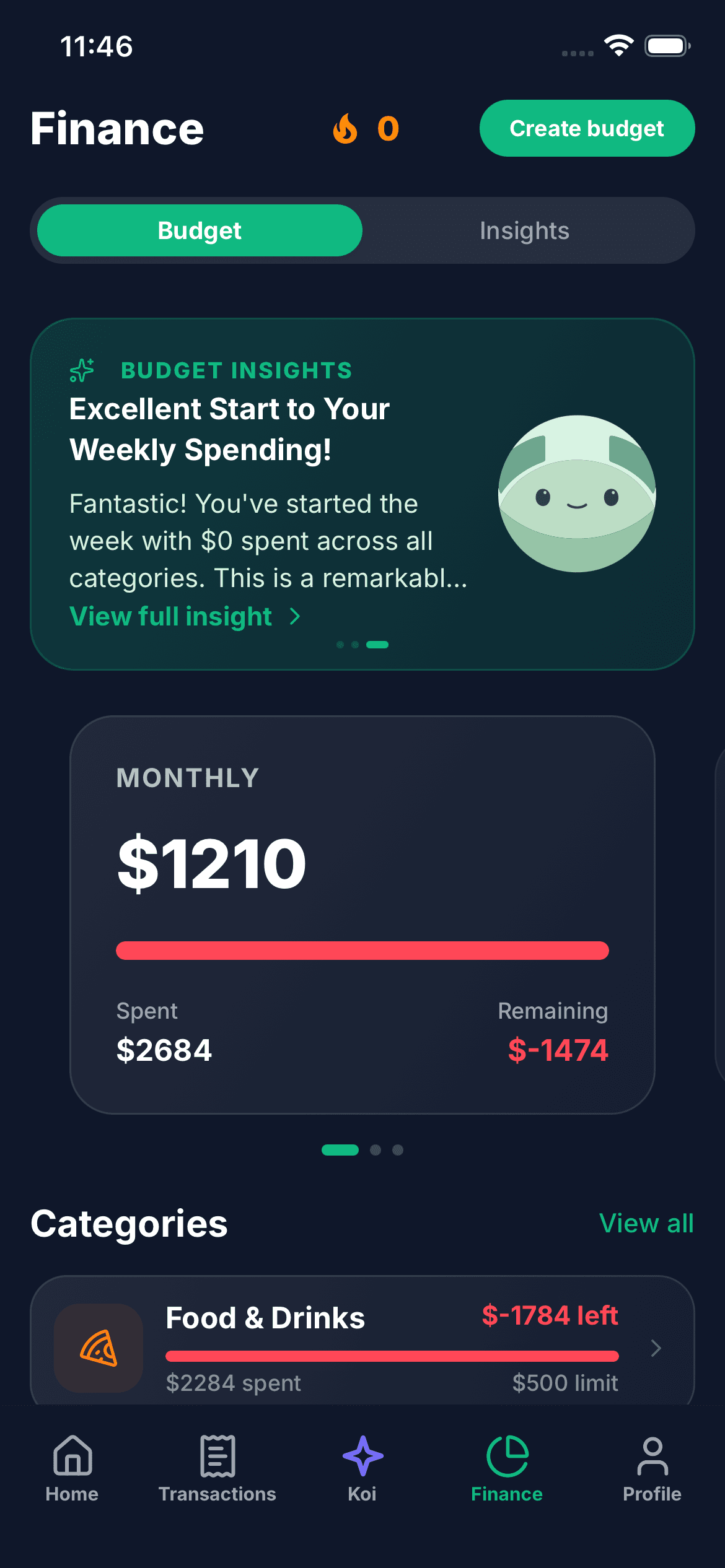 Koinx budget view with category progress