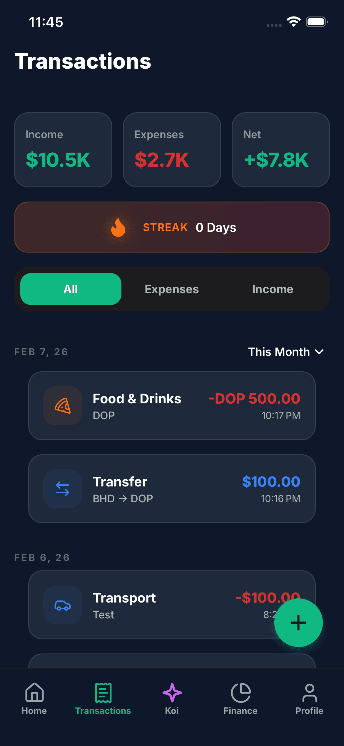 Koinx expenses list screen