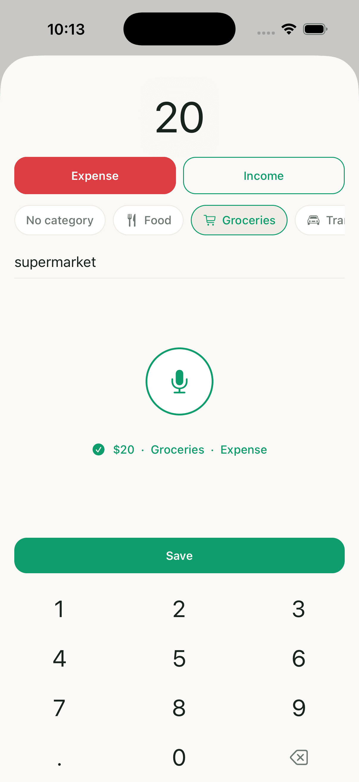 Koinx screen logging an expense by voice